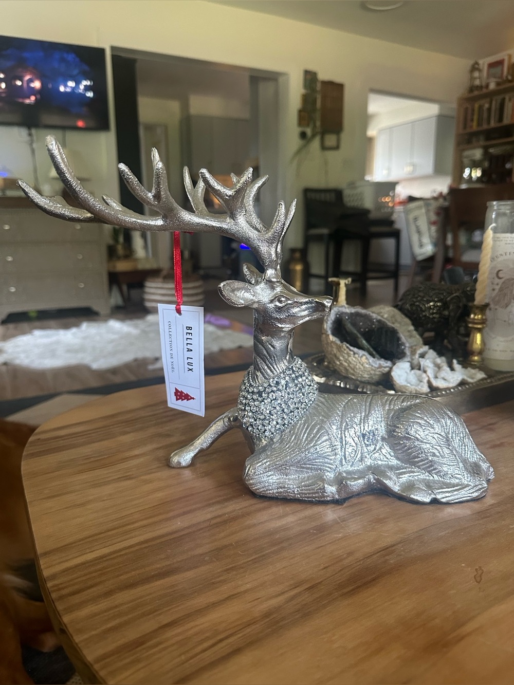 Bella Luxx Silver and Rhinestone Reindeer lying down Holiday Accent 10”x10”